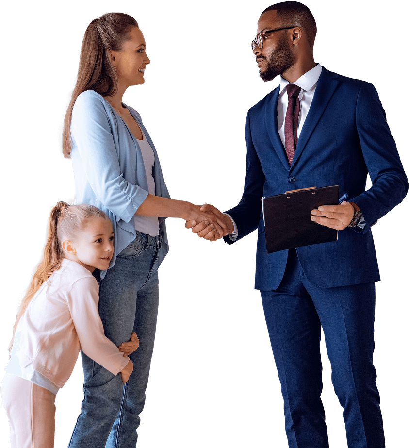 Man shaking hands with a woman while her child holds onto her leg